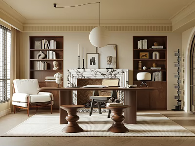 Elegant Modern Study Room Interior With Bookshelves Fireplace Wooden Desk And Pendant Light 3d model