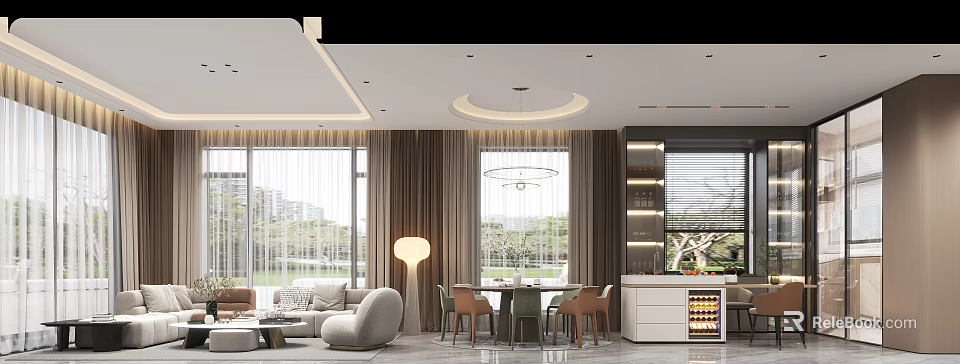 Modern Living And Dining Room Interior Design With Sofa Dining Table And Pendant Lights 3d model 