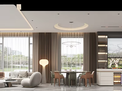 Modern Living And Dining Room Interior Design With Sofa Dining Table And Pendant Lights 3d model