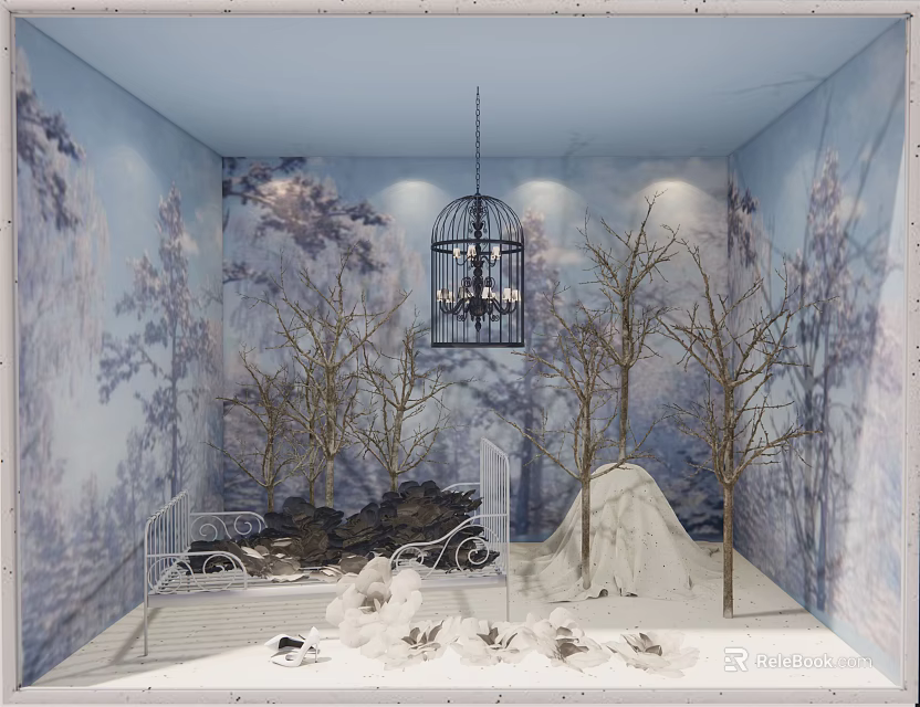 Enchanting Window Display With Blue Background Bare Trees Birdcage Chandelier And Snowy Ground Bench 3d model 