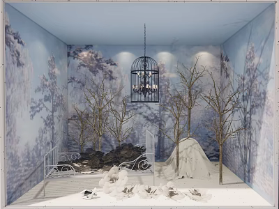 Enchanting Window Display With Blue Background Bare Trees Birdcage Chandelier And Snowy Ground Bench 3d model