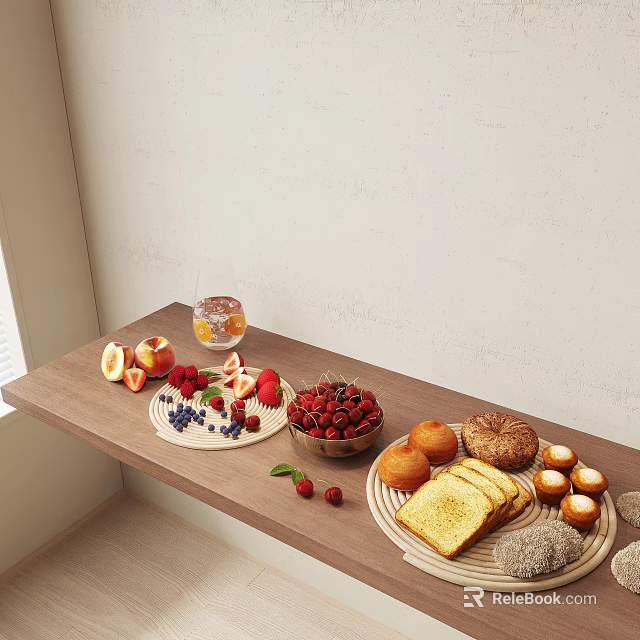 Delicious Food Arrangement With Fresh Fruits Bread Muffins And Drink On Wooden Table 3d model 
