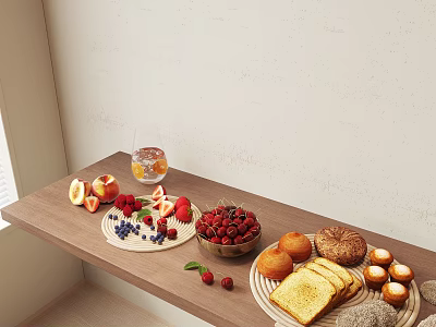 Delicious Food Arrangement With Fresh Fruits Bread Muffins And Drink On Wooden Table 3d model