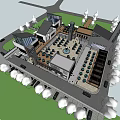 Modern Commercial Street With Perforated Wall Buildings Tower Outdoor Seating And Stone Paved Road