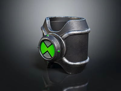 Futuristic Metallic Bracelet With Green Circular X Symbol And Mechanical Textured Design 3d model