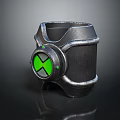 Futuristic Metallic Bracelet With Green Circular X Symbol And Mechanical Textured Design