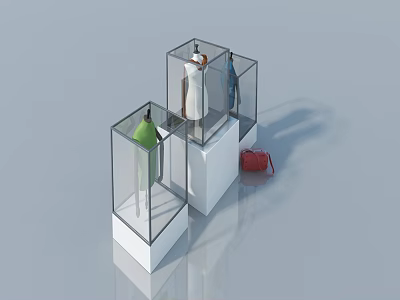 Transparent Glass Display Cabinets with Swing Doors Containing Green White Dresses Blue Top Red Bag 3d model