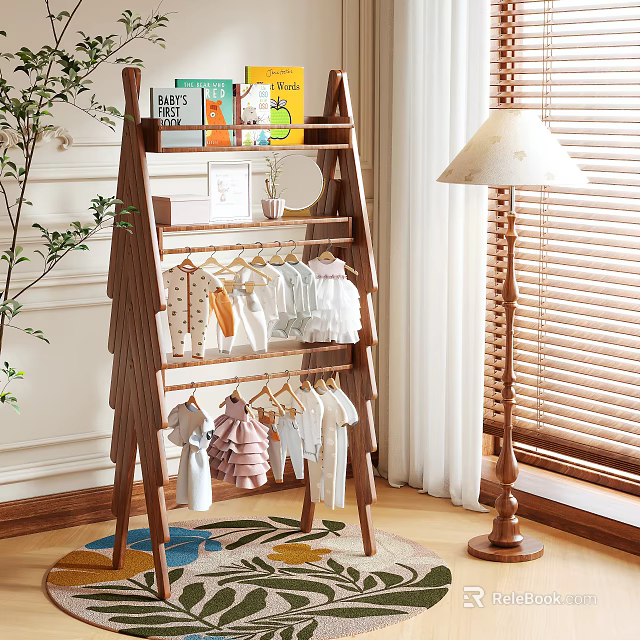 Wooden Ladder Style Clothes Rack Holding Baby Clothes With Books Plants And Table Lamp 3d model 