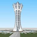 Modern Tower Architectural Design Featuring Streamlined Structure Glass Facade And Surrounding Plaza 3d model
