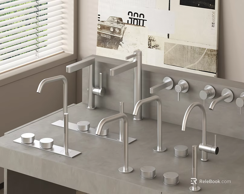 Various Modern Faucet Designs On Gray Countertop With Window And Wall Art 3d model 