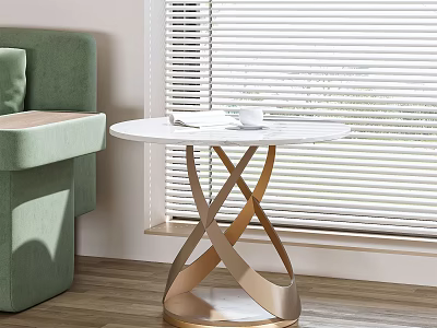 Modern Side Table With Marble Top Gold Crossed Base Near Green Sofa And Window Blinds 3d model