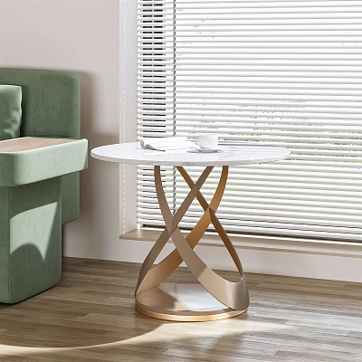 Modern Side Table With Marble Top Gold Crossed Base Near Green Sofa And Window Blinds 3d model