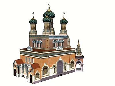 Russian Orthodox Church Architecture with Green Domes Golden Crosses Arched Windows and Brown Structure 3d model