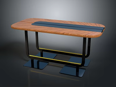 Modern Wooden Table with Blue Stripe Top Black Metal Legs Square Blue Base Yellow Accent 3d model