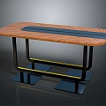 Modern Wooden Table with Blue Stripe Top Black Metal Legs Square Blue Base Yellow Accent