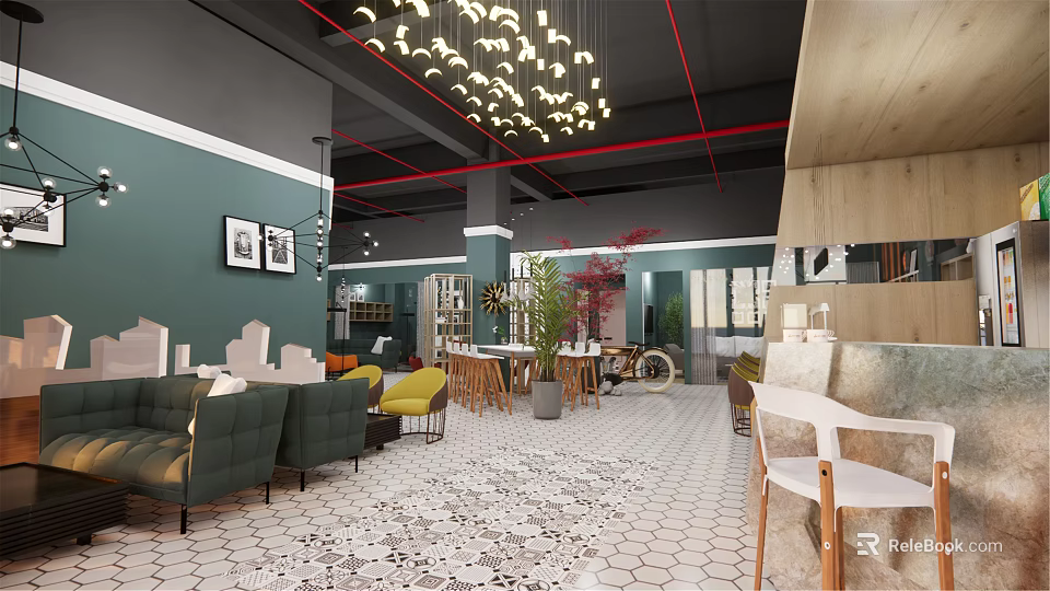 Cozy Modern Café Interior With Green Walls Hanging Lights Decorative Plants And Patterned Floor 3d model 