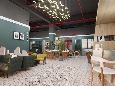 Cozy Modern Café Interior With Green Walls Hanging Lights Decorative Plants And Patterned Floor 3d model