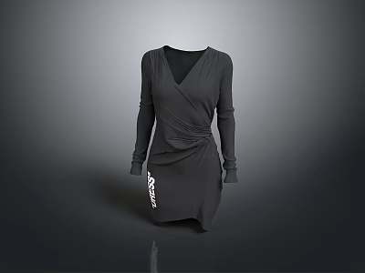 Stylish Black V Neck Long Sleeve Wrap Dress With Ruched Waist And Soft Fabric 3d model