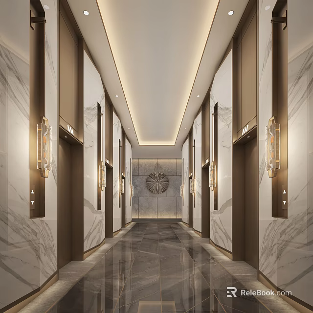 Elegant Elevator Lobby Interior With Marble Walls Gold Accents And Decorative Clock 3d model