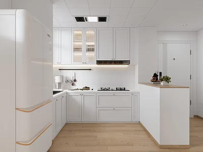 Modern Kitchen Interior Design With White Cabinets Glass Door Cabinets Island Counter And Wooden Flooring 3d model