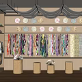 Clothing Store Interior With Colorful Scarves Decorative Plates Wooden Shelves And Mannequin