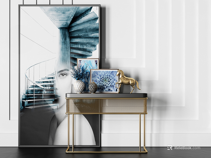 Modern Console Table With Decorative Painting And Golden Metal Frame Design 3d model 