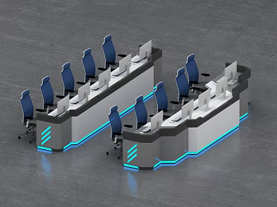 Modern Office Workstations With Blue Chairs Computer Monitors And Blue Lighting 3d model
