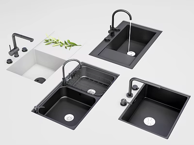Modern Kitchen Sink Collection Featuring Black And White Styles With Stainless Steel Faucets 3d model