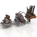 Abstract Scene Construction With Stacked Wood Metal Stone And Geometric Elements