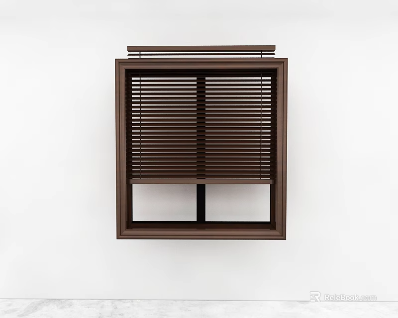 Brown Window Blinds Installed On White Wall With Dark Frame And Modern Design 3d model 