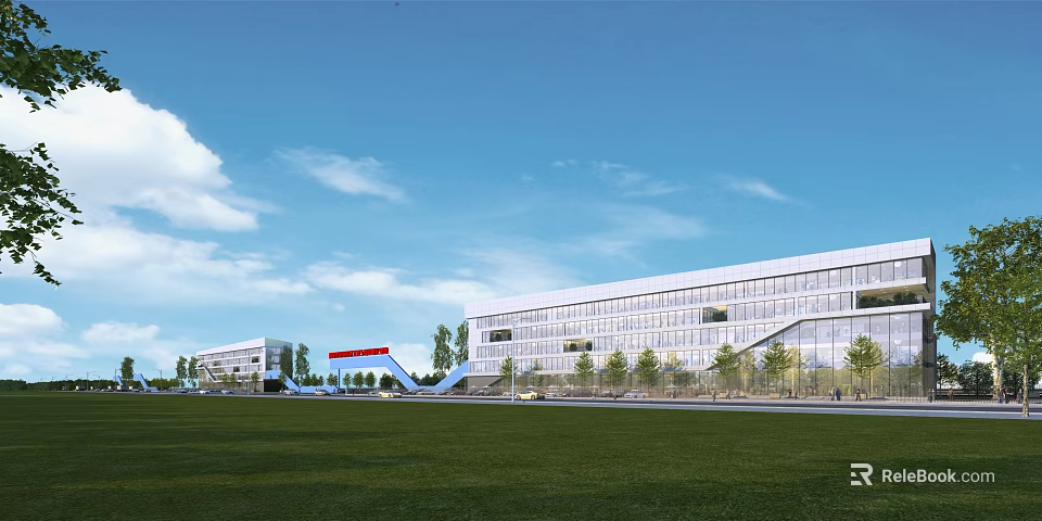 Modern Office Building with Glass Facade Surrounded by Open Green Lawn and Trees 3d model 