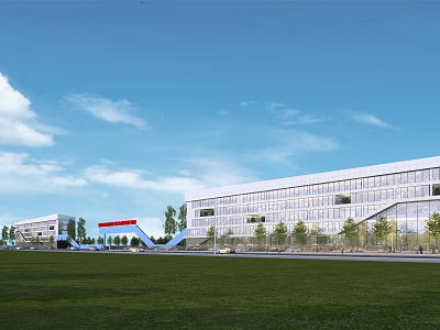 Modern Office Building with Glass Facade Surrounded by Open Green Lawn and Trees 3d model