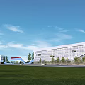 Modern Office Building with Glass Facade Surrounded by Open Green Lawn and Trees