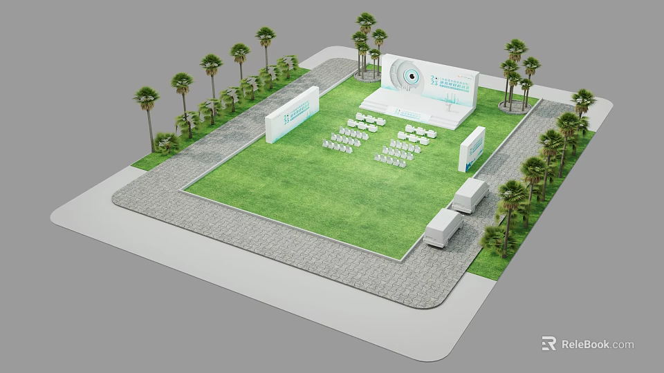 Outdoor Event Space Layout With Green Lawn Arranged Seats Palm Trees And Large Screen 3d model 