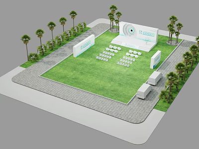 Outdoor Event Space Layout With Green Lawn Arranged Seats Palm Trees And Large Screen 3d model