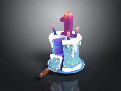 Birthday Cake With Number 1 Candle Small Candles Colorful Polka Dots Sliced Piece And Knife 3d model
