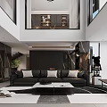 Stylish Loft Living Room With Large Windows Black Sofa And TV Wall