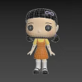 Cute Chibi Game Movie Character With Black Pigtails Purple Bow Yellow Top And Orange Dress