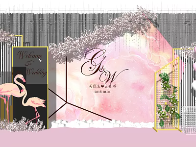 Wedding Floral Installation With Pink Backdrop Cherry Blossoms Flamingo Decorations And Geometric Frames 3d model