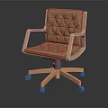 Light Brown Leather Office Chair with Diamond Stitched Backrest Wooden Armrests Five Star Base Casters