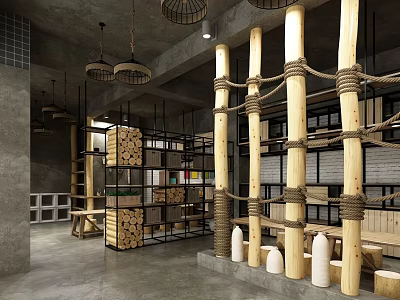 Modern School Indoor Activity Area With Wooden Structures Rope Decor And Storage Cabinets 3d model