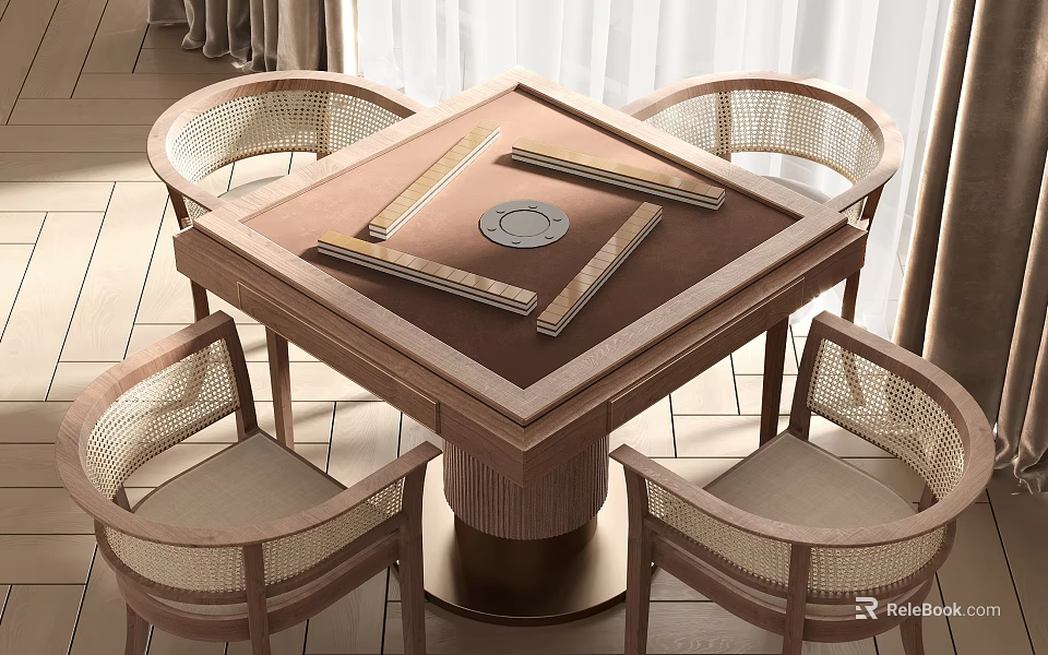 Modern Square Dining Table Set With Four Rattan Chairs And Circular Centerpiece 3d model 