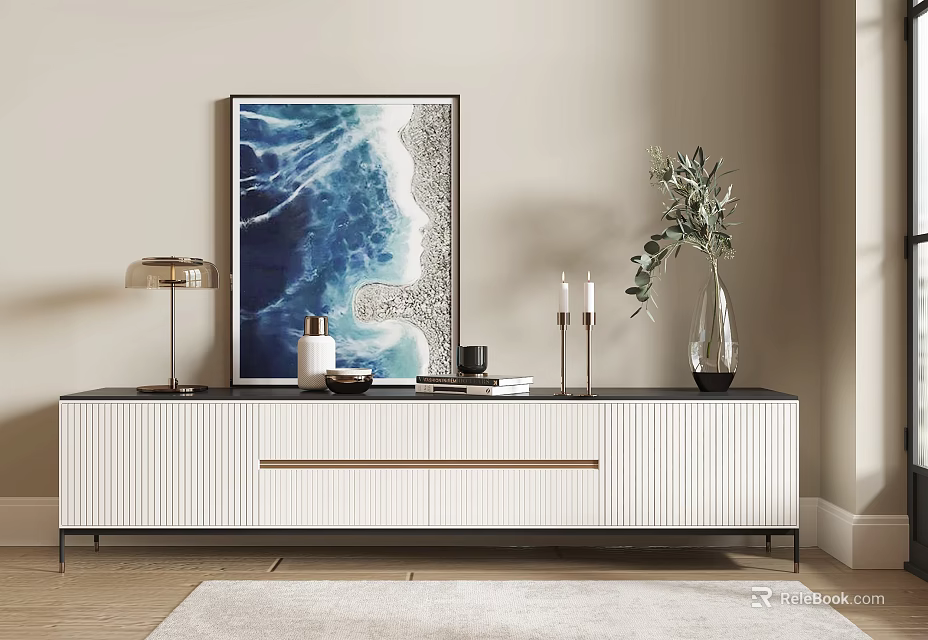 Modern White TV Stand In Living Room With Blue Painting Lamp Green Plant And Candles 3d model 