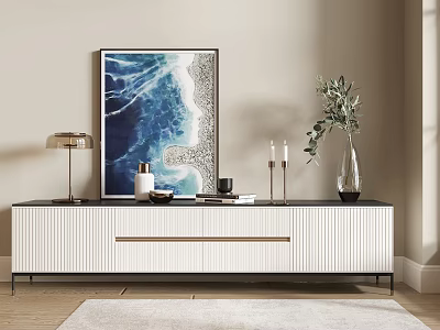 Modern White TV Stand In Living Room With Blue Painting Lamp Green Plant And Candles 3d model