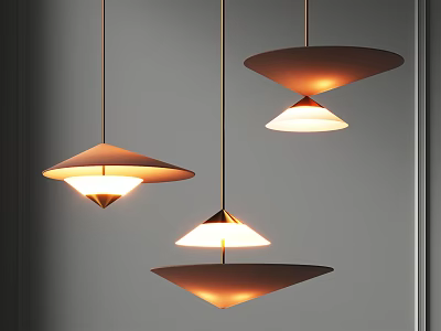 Modern Disc Pendant Lights With Warm Glow Hanging In Minimalist Gray Interior 3d model