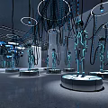 Futuristic Exhibition Space With Neon Lit Human Figures And Hanging Circular Lights 3d model