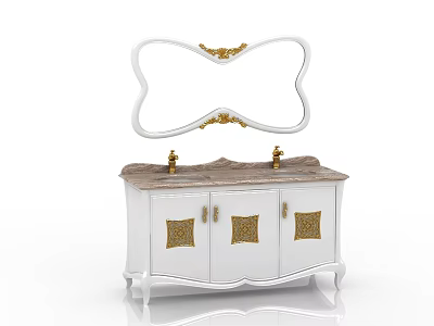 Elegant White Bathroom Cabinet with Gold Accents Marble Countertop Decorative Mirror and Classic Faucets 3d model