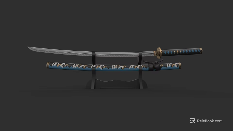 Traditional Samurai Sword With Decorative Blade And Blue Gold Handle On Display Stand 3d model 