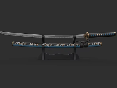 Traditional Samurai Sword With Decorative Blade And Blue Gold Handle On Display Stand 3d model