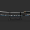 Traditional Samurai Sword With Decorative Blade And Blue Gold Handle On Display Stand